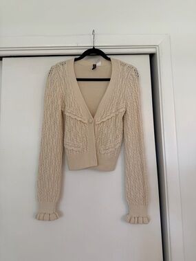H&M Cream Cable Knit Ruffle Cuff Cardigan